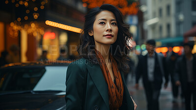 Woman, thinking and businesswoman with night, city and professional entrepreneur in street. looking, idea and urban town with Japanese female wearing a business suit for leadership and bokeh success