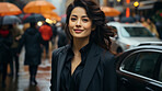 Asian, portrait and businesswoman with night, city and professional entrepreneur in street. Happy, smiling and urban town with Japanese female wearing a business suit for leadership and bokeh success