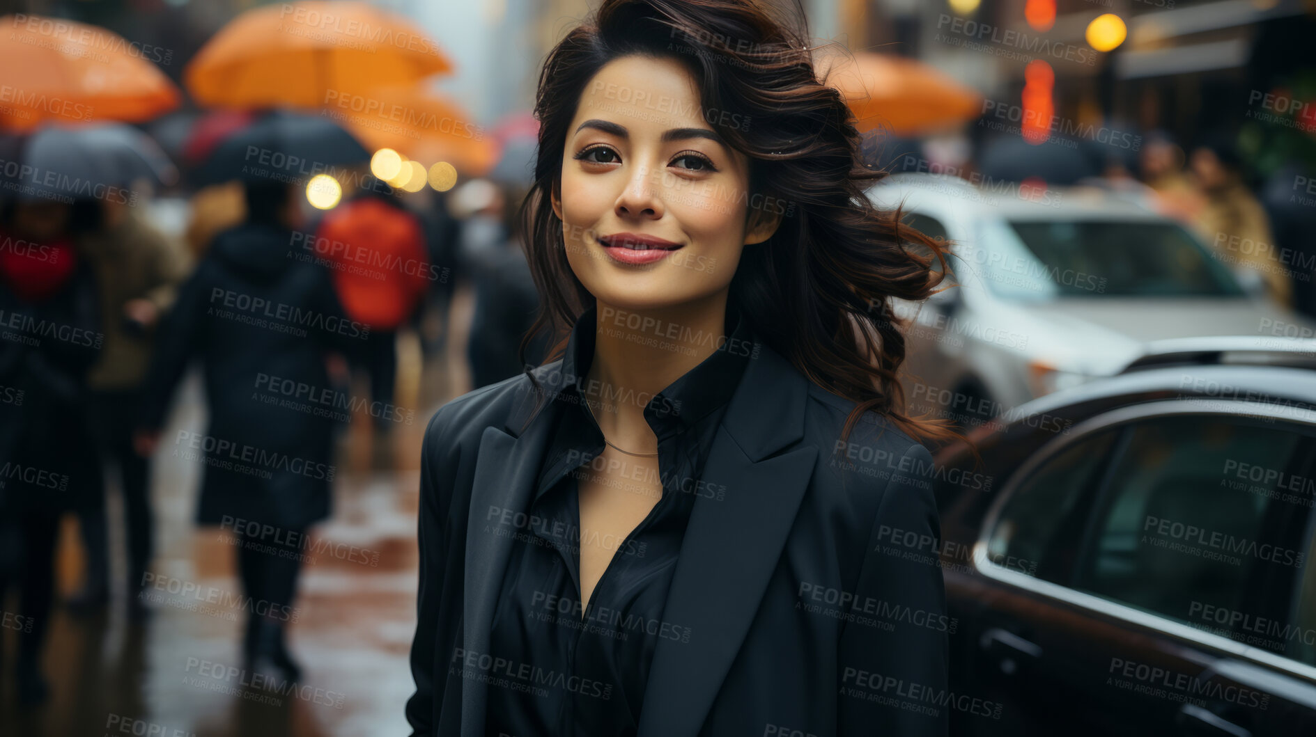 Buy stock photo Asian, portrait and businesswoman with night, city and professional entrepreneur in street. Happy, smiling and urban town with Japanese female wearing a business suit for leadership and bokeh success