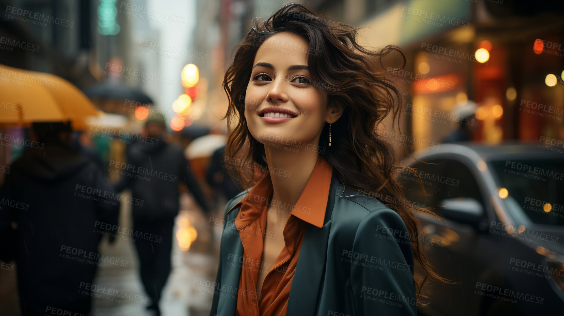 Buy stock photo Woman, thinking and businesswoman with night, city and professional entrepreneur in street. Happy, smiling and urban town with Japanese female wearing a business suit for leadership and bokeh success