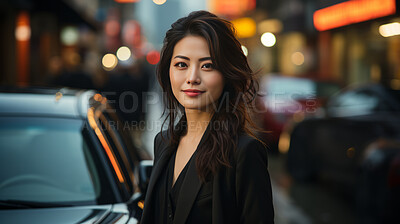 Asian, portrait and businesswoman with night, city and professional entrepreneur in street. Happy, smiling and urban town with Japanese female wearing a business suit for leadership and bokeh success