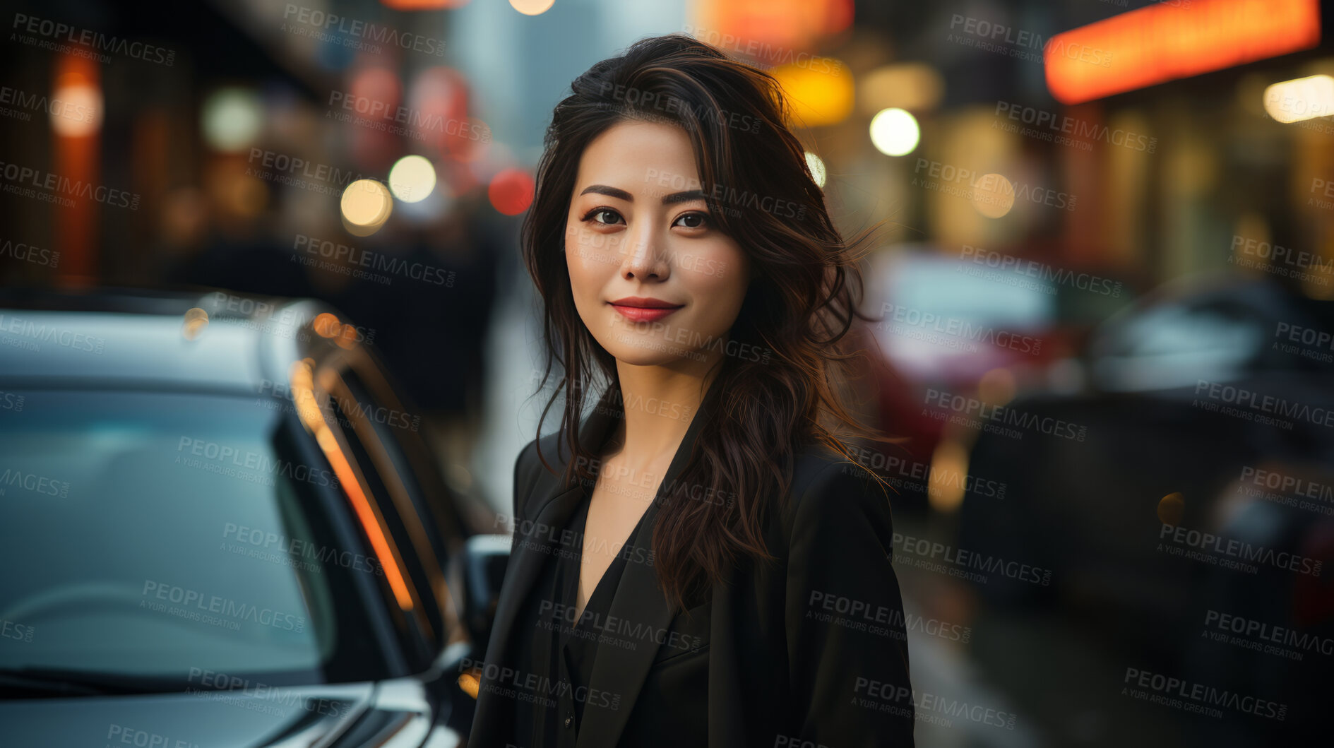 Buy stock photo Asian, portrait and businesswoman with night, city and professional entrepreneur in street. Happy, smiling and urban town with Japanese female wearing a business suit for leadership and bokeh success