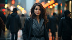 Woman, portrait and businesswoman with night, city and professional entrepreneur in street. Happy, smiling and urban town with Japanese female wearing a business suit for leadership and bokeh success