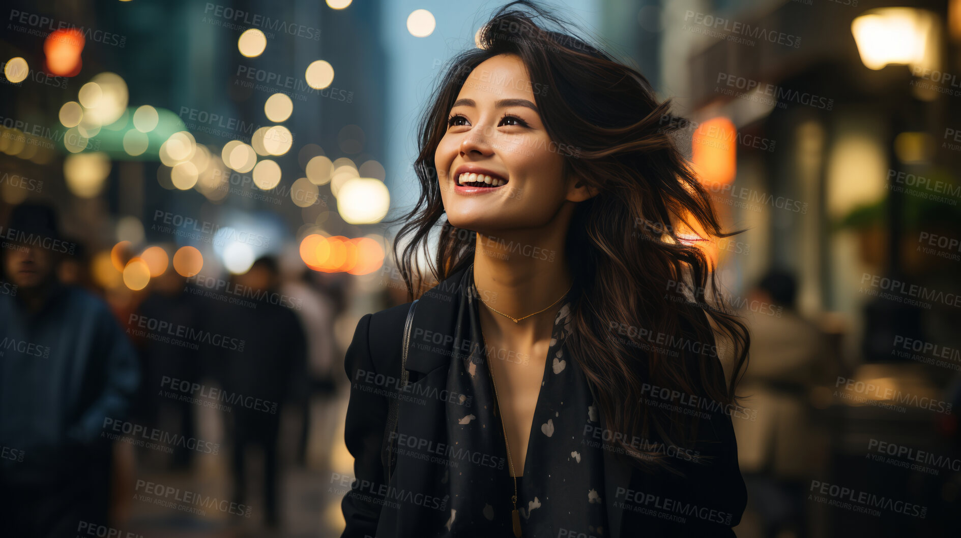 Buy stock photo Asian, thinking and businesswoman with night, city and professional entrepreneur in street. Happy, smiling and urban town with Japanese female wearing a business suit for leadership and bokeh success