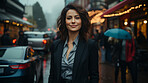 Woman, portrait and businesswoman with night, city and professional entrepreneur in street. Happy, smiling and urban town with Japanese female wearing a business suit for leadership and bokeh success