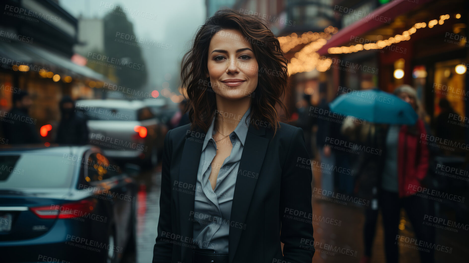 Buy stock photo Woman, portrait and businesswoman with night, city and professional entrepreneur in street. Happy, smiling and urban town with Japanese female wearing a business suit for leadership and bokeh success