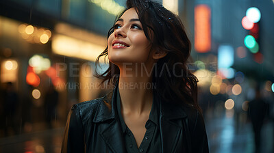 Woman, thinking and businesswoman with night, city and professional entrepreneur in street. Happy, smiling and urban town with Japanese female wearing a business suit for leadership and bokeh success