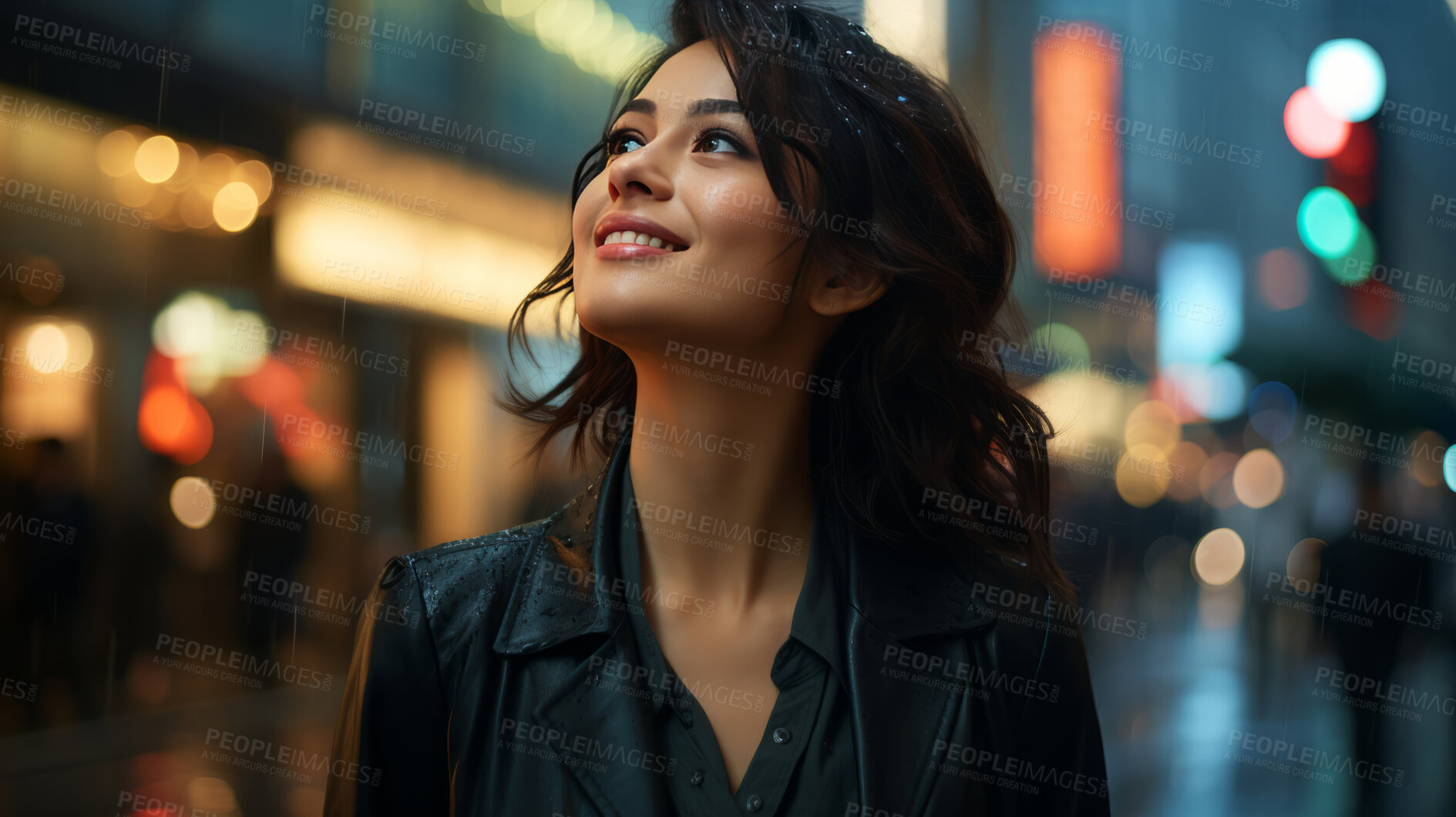 Buy stock photo Woman, thinking and businesswoman with night, city and professional entrepreneur in street. Happy, smiling and urban town with Japanese female wearing a business suit for leadership and bokeh success