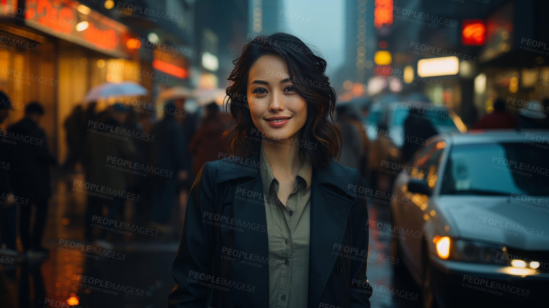 Buy stock photo Asian, portrait and businesswoman with night, city and professional entrepreneur in street. Happy, smiling and urban town with Japanese female wearing a business suit for leadership and bokeh success