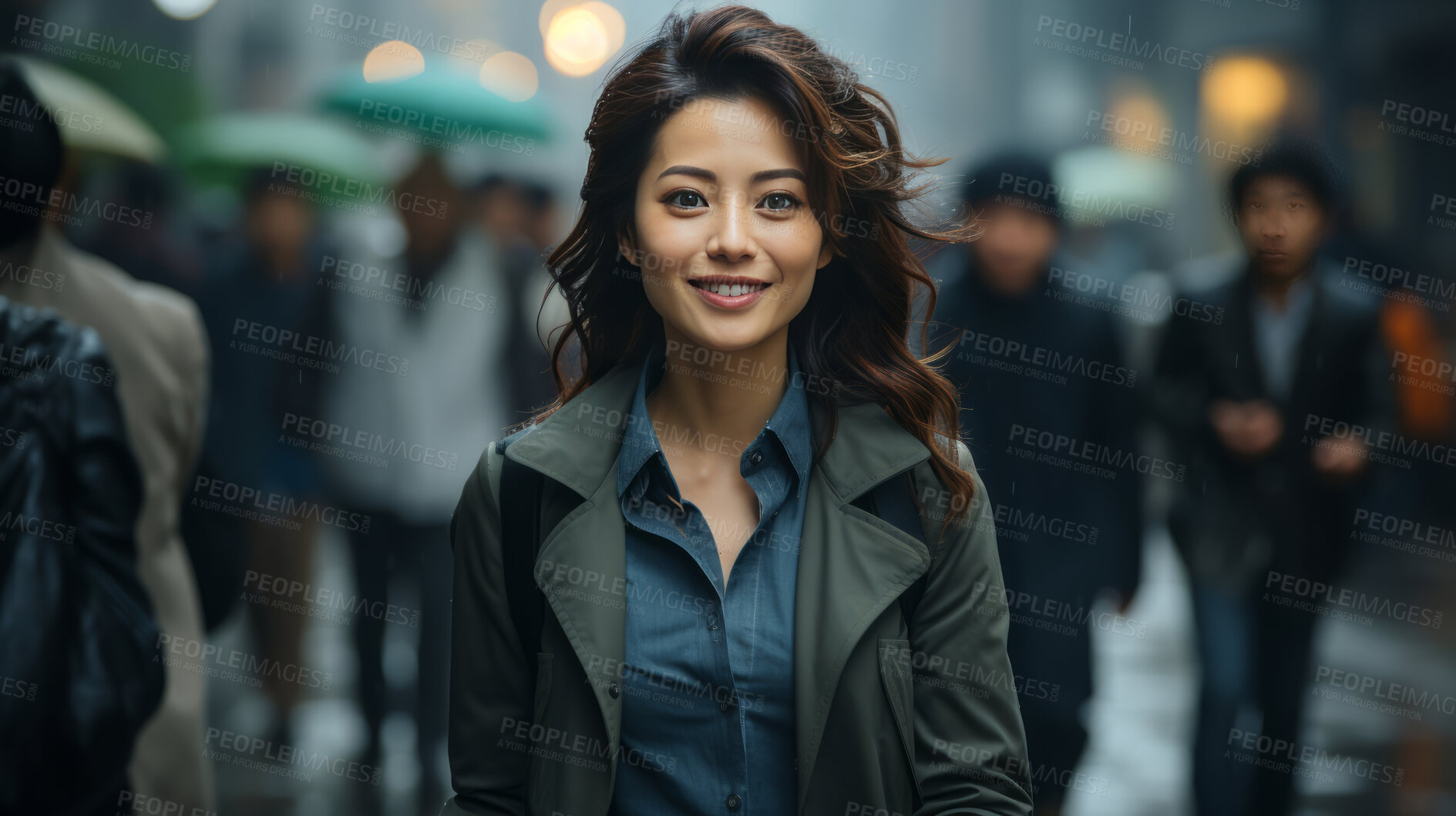 Buy stock photo Asian, portrait and businesswoman with night, city and professional entrepreneur in street. Happy, smiling and urban town with Japanese female wearing a business suit for leadership and bokeh success