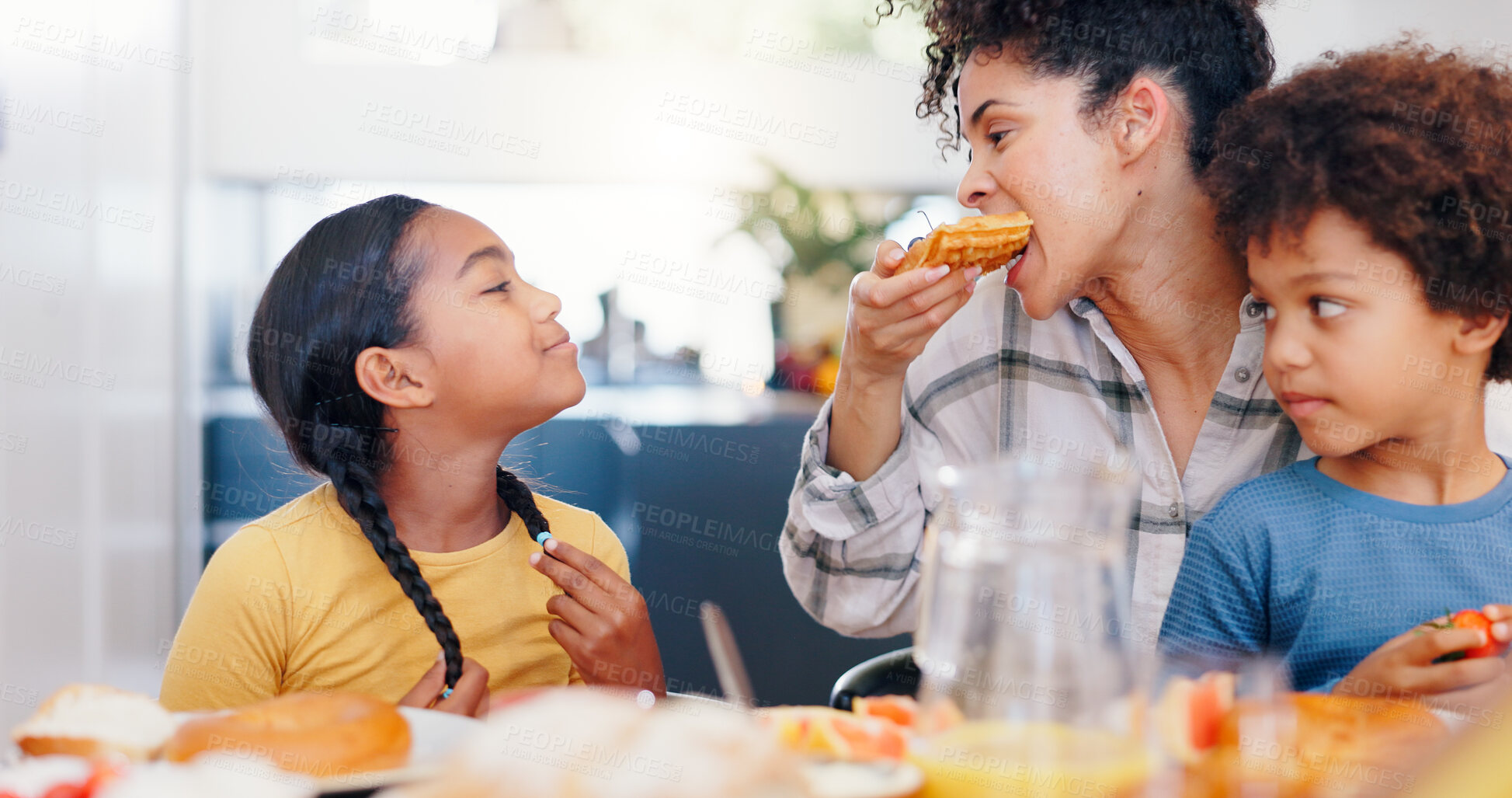 Buy stock photo African family, food and mother with children for breakfast, lunch and eating together in home. Happy parent or mom with kids at dinner table for bonding, meal or healthy nutrition or hunger in house