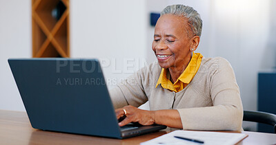 Buy stock photo Happy senior woman, laptop and typing in finance with documents for bills or expenses in remote work at home. Mature African female person or freelancer smile on computer in financial budget at house