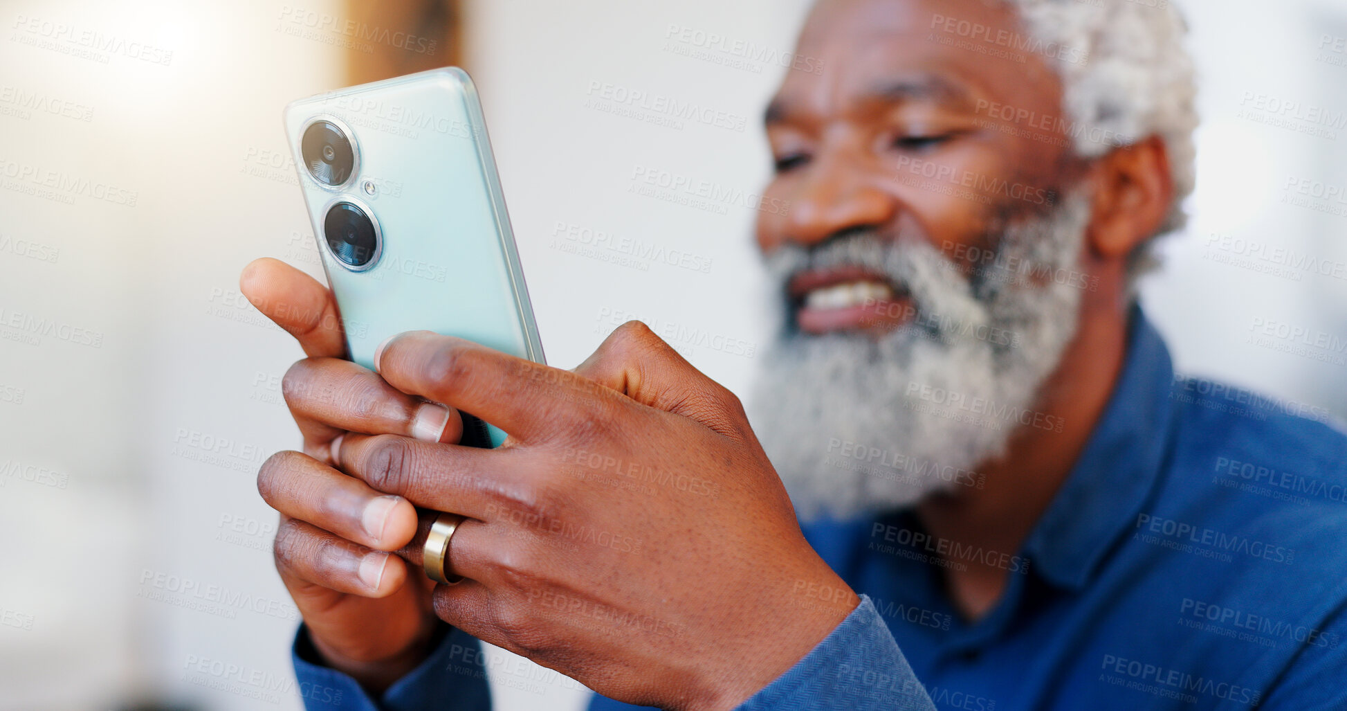 Buy stock photo Happy senior black man, phone and typing for communication, social media or networking at home. Face of mature African male person, smile and hands on mobile smartphone for online chatting or texting