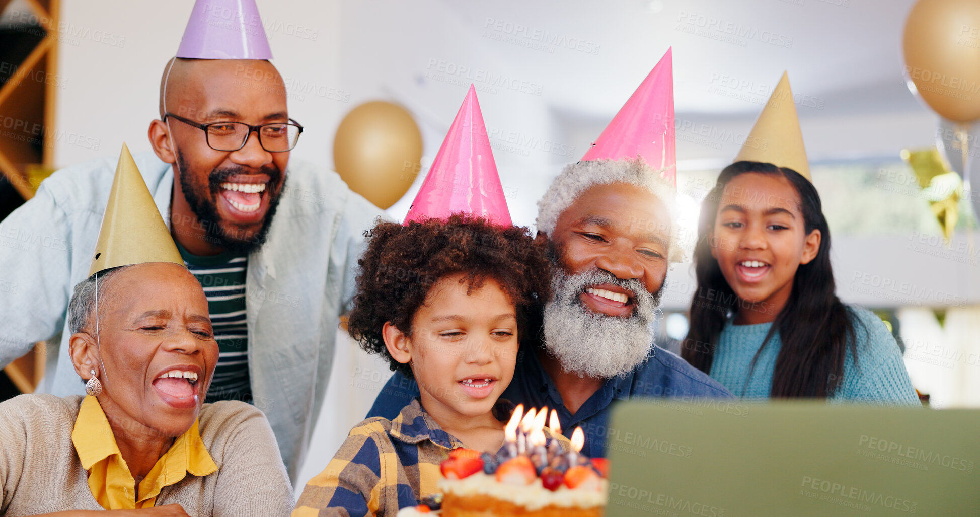 Buy stock photo Cake, video call and family at birthday party celebration together at modern house with candles. Happy, laptop and young children with African father and grandparents for sweet dessert at home.