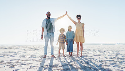 Buy stock photo Portrait, high five or insurance with a family on the beach for security, travel or vacation on space. Smile, safety or cover with a mother, father and kids by the ocean or sea for trust on mockup