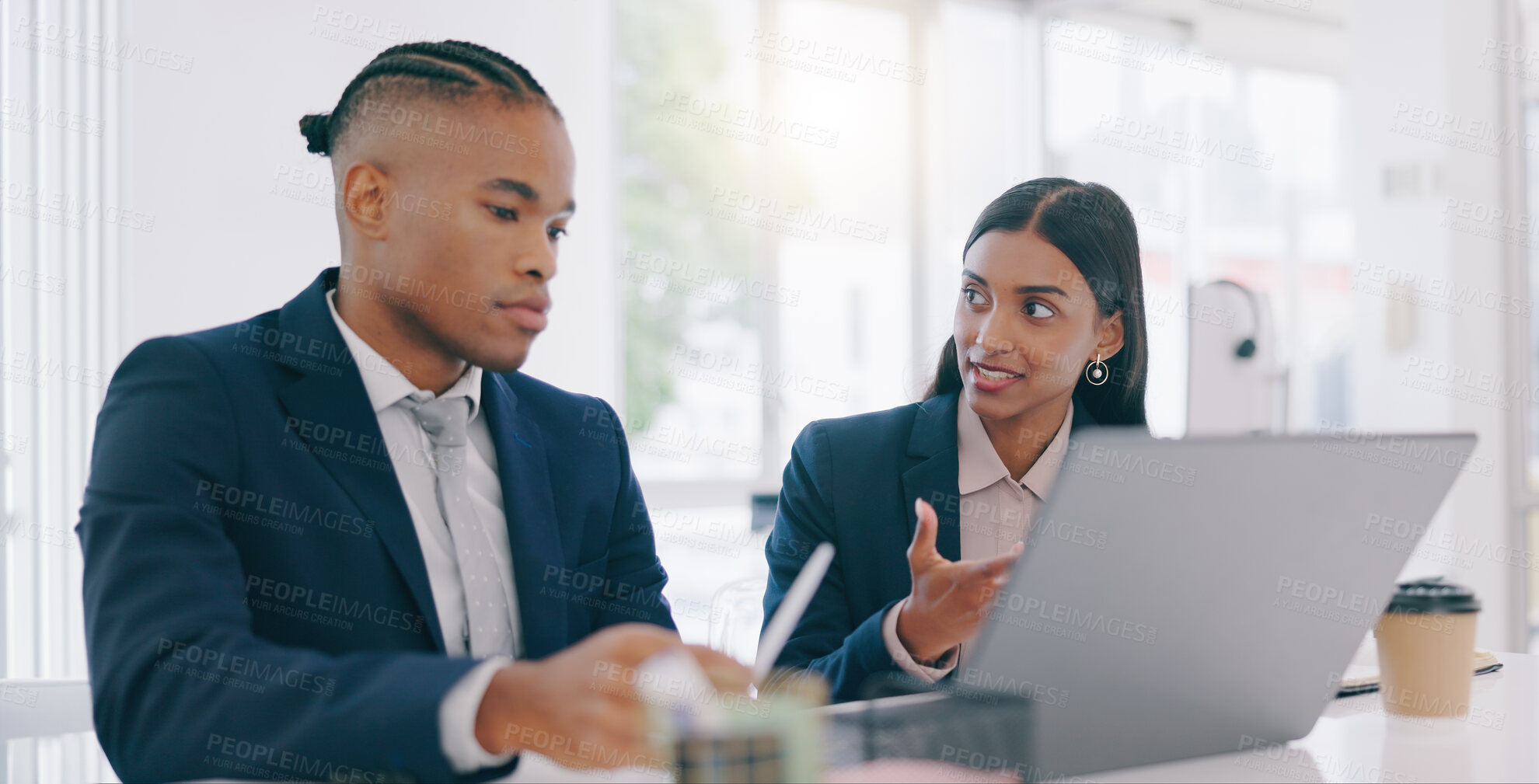 Buy stock photo Business people, manager and employees with laptop, conversation and internet with cooperation, company website and speaking. Staff, woman and man with a computer, planning and project with ideas