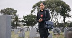 Sad woman, graveyard and rose on tombstone in mourning, loss or grief at funeral or cemetery. Female person with flower in depression, death or goodbye at memorial or burial service for loved one