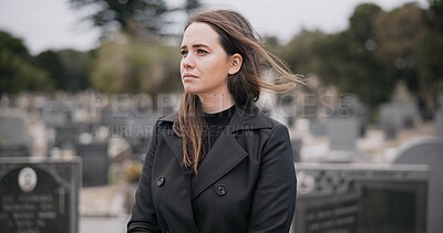 Buy stock photo Rose, death or sad woman in cemetery for funeral. spiritual service or burial to respect the Christian religion. Mourning, depressed or person in graveyard thinking of grief, loss or goodbye farewell