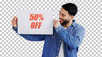 Happy man, sign and half price in discount, promotion or banner against a gray studio background. Male person or model smile with billboard or poster for advertising or marketing store sale or promo