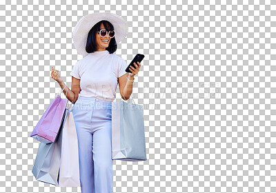 Shopping, phone and woman in the city for fashion sale, discount and fun against a wall background mockup. Girl, shopping bag and online search on social media for promo code, retail news and mock up