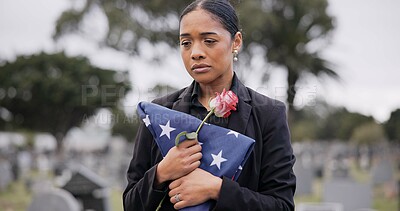 Buy stock photo Funeral, death and rose for a woman with a flag at a cemetery in mourning at a memorial service. Sad, usa and an army wife as a widow with a flower in a graveyard feeling the pain of loss or grief