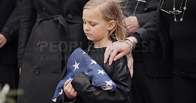 Buy stock photo Funeral, cemetery and girl with American flag for veteran for respect, ceremony and memorial service. Family, depression and sad child by coffin in graveyard mourning military, army and soldier hero