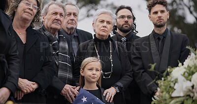 Buy stock photo Funeral, cemetery and family with American flag for veteran for respect, ceremony and memorial service. Sad, depression and people by coffin in graveyard for military hero, army and soldier mourning