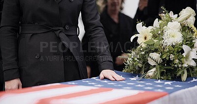 Buy stock photo USA veteran funeral, woman and casket with touch, sad family and flag for mourning, depression and respect. Widow, people and army service with coffin, burial or memorial for war hero in Philadelphia