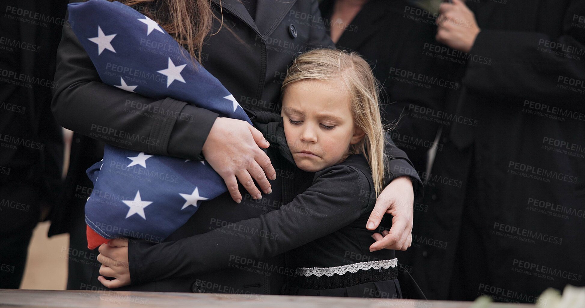 Buy stock photo Sad, hug and a child at a funeral or graveyard for a ceremony or death with family. Depression, young and a girl kid with a person for comfort at a cemetery for mourning, grief together or loss