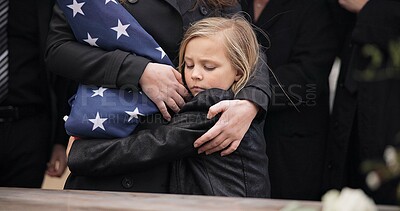 Buy stock photo Sad, hug and a child at a funeral or graveyard for a ceremony or death with family. Depression, young and a girl kid with a person for comfort at a cemetery for mourning, grief together or loss