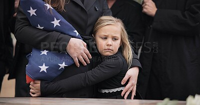 Buy stock photo USA veteran funeral, girl and sad family with hug, care and flag for mourning, depression and comfort with mom. Kid, people and service with coffin, burial or memorial with war hero in Philadelphia