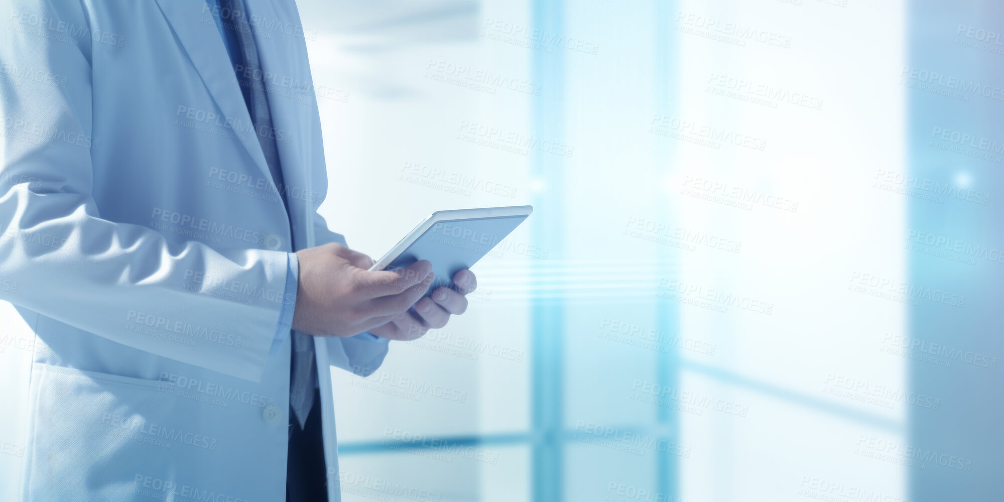 Buy stock photo Doctor, mature man and tablet for medical information, data research or healthcare app in a hospital. Confident, surgeon and technology for consultation planning on telehealth schedule in clinic