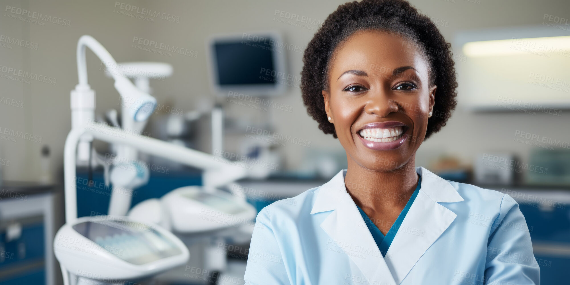 Buy stock photo Dentist, happy female and orthodontist in a medical office for dentistry, teeth and dental health. Confident, smile or friendly woman in a hospital for surgery, diagnosis or professional occupation