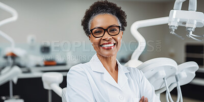 Dentist, happy female and orthodontist in a medical office for dentistry, teeth and dental health. Confident, smile or friendly woman in a hospital for surgery, diagnosis or professional occupation