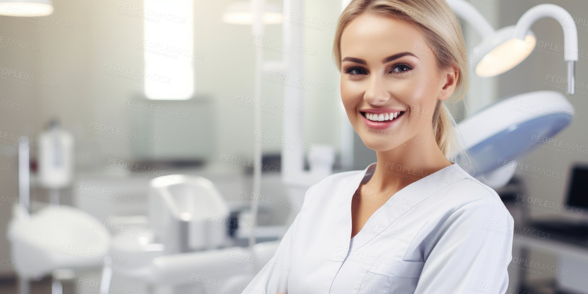 Buy stock photo Dentist, young female and orthodontist in a medical office for dentistry, teeth and dental health. Confident, smile or friendly woman in a hospital for surgery, diagnosis or professional occupation