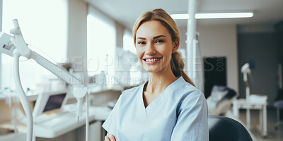 Dentist, young female and orthodontist in a medical office for dentistry, teeth and dental health. Confident, smile or friendly woman in a hospital for surgery, diagnosis or professional occupation