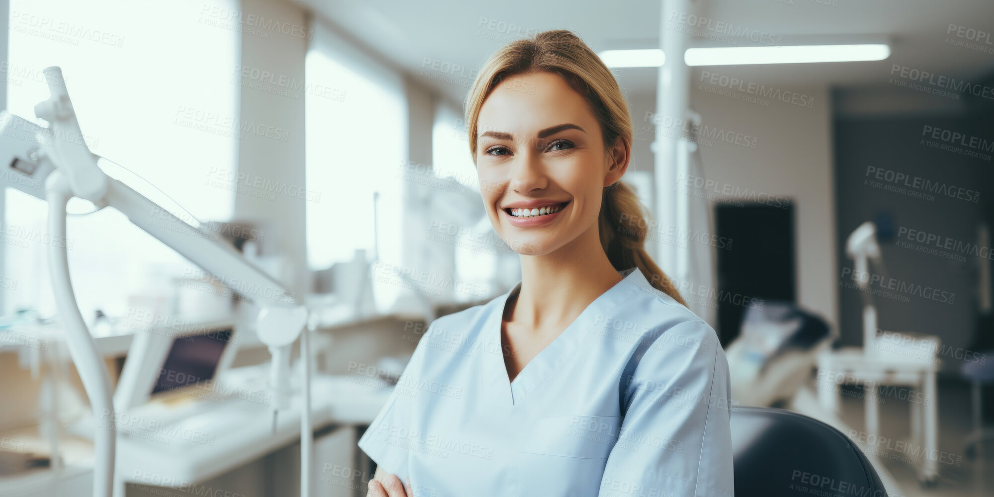 Buy stock photo Dentist, young female and orthodontist in a medical office for dentistry, teeth and dental health. Confident, smile or friendly woman in a hospital for surgery, diagnosis or professional occupation