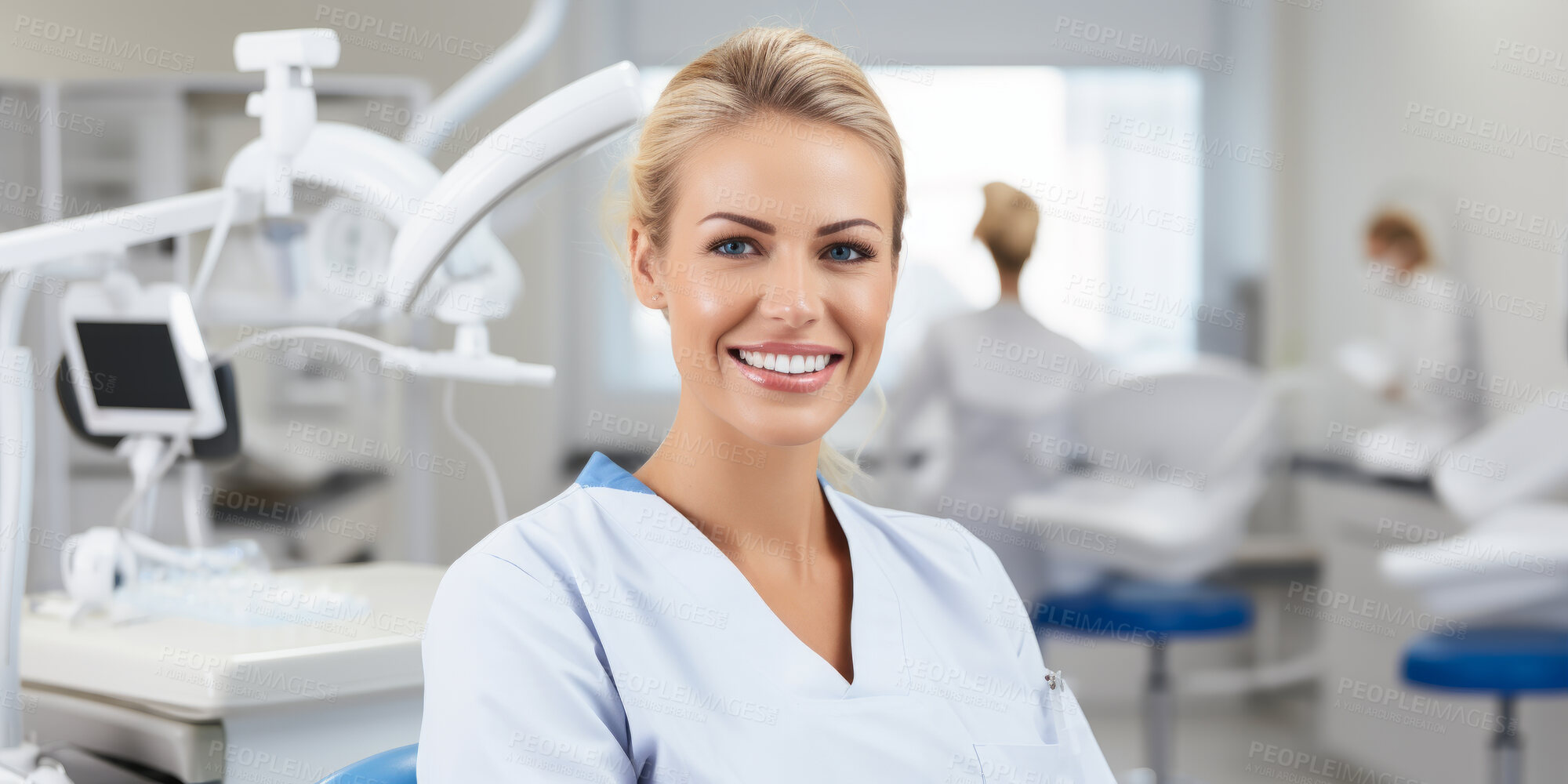 Buy stock photo Dentist, young female and orthodontist in a medical office for dentistry, teeth and dental health. Confident, smile or friendly woman in a hospital for surgery, diagnosis or professional occupation