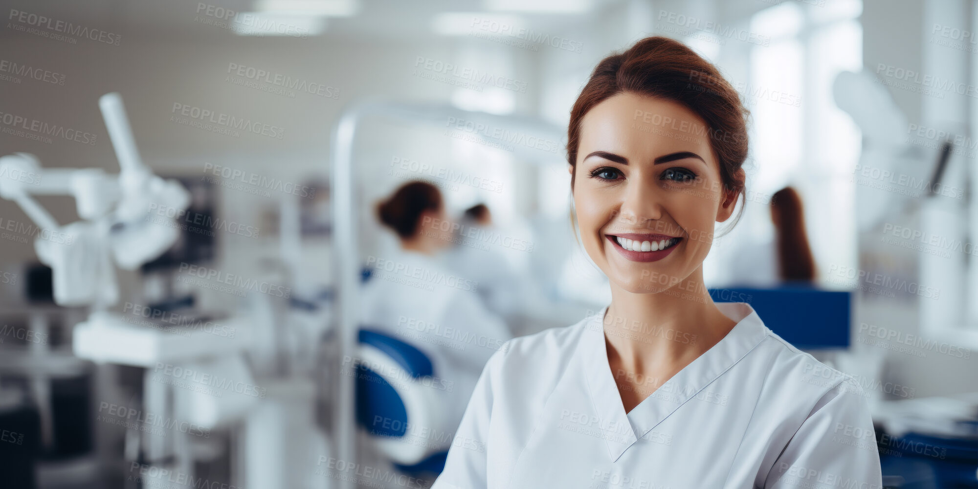 Buy stock photo Dentist, young female and orthodontist in a medical office for dentistry, teeth and dental health. Confident, smile or friendly woman in a hospital for surgery, diagnosis or professional occupation