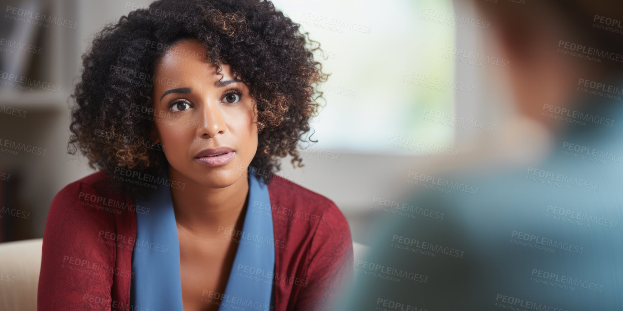 Buy stock photo Psychology, young and woman talking to a psychologist for mental health, psychotherapy and counselling. Sad, depressed and black american female talking to a therapist for anxiety, stress or PTSD