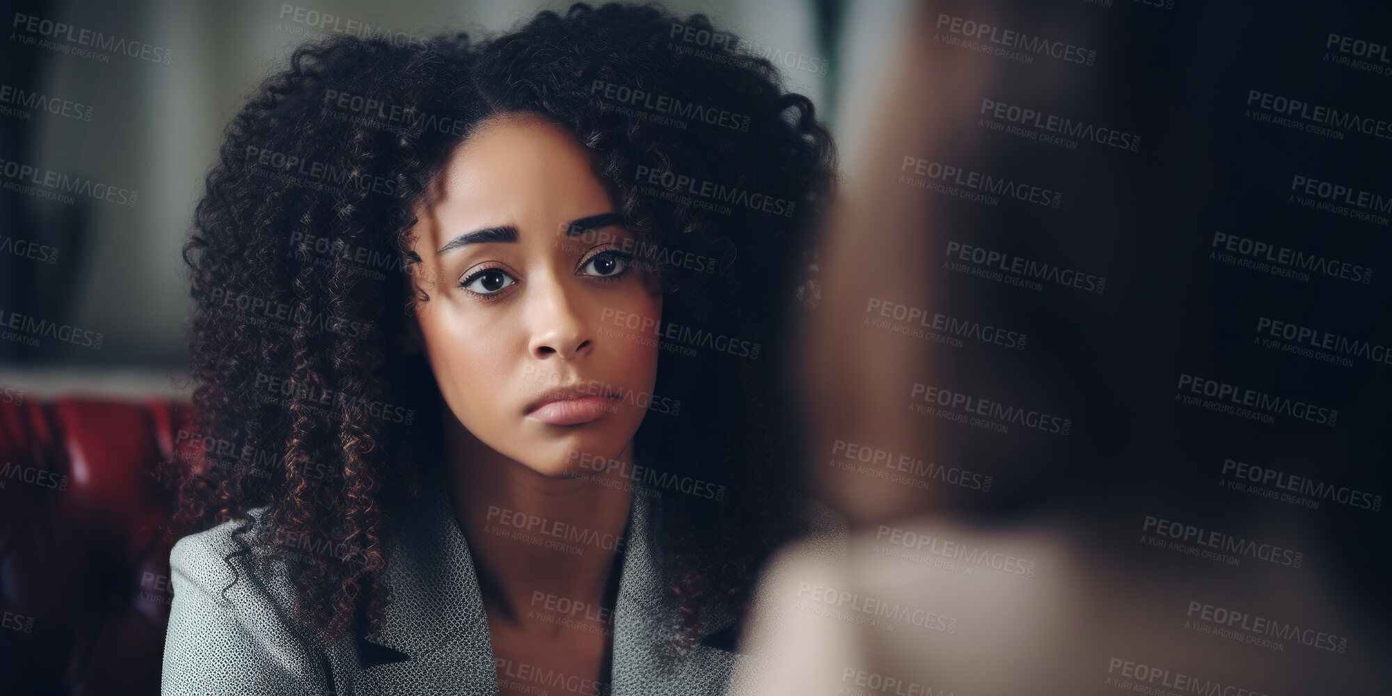 Buy stock photo Psychology, young and woman talking to a psychologist for mental health, psychotherapy and counselling. Sad, depressed and black american female talking to a therapist for anxiety, stress or PTSD