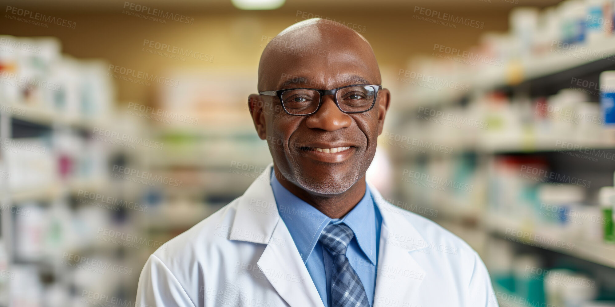 Buy stock photo Portrait, mature male and pharmacist in store for healthcare, medicine and medical service. Confident, smile or friendly senior man in a pharmacy for medication, health or professional occupation