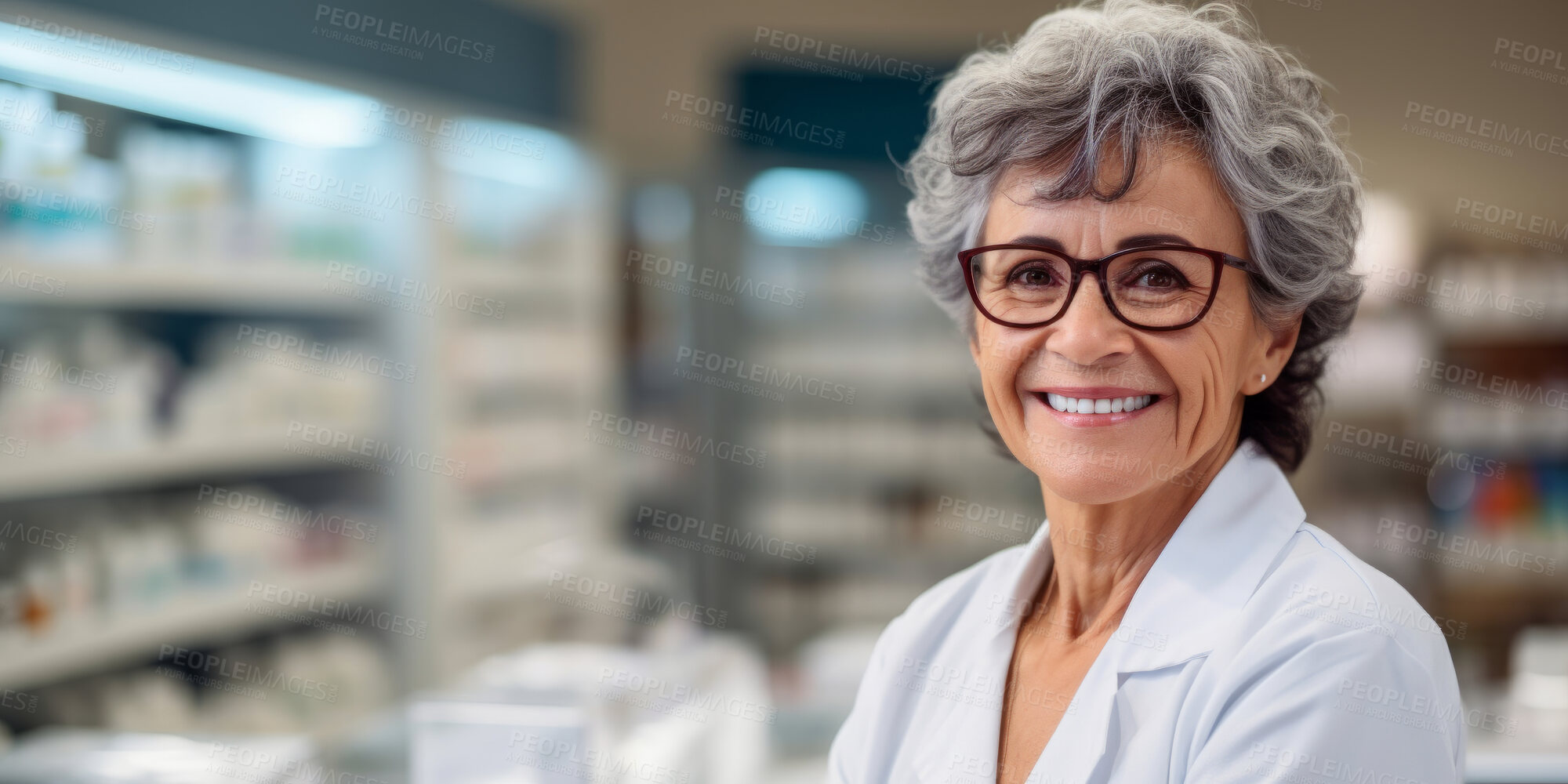 Buy stock photo Portrait, mature female and pharmacist in store for healthcare, medicine and medical service. Confident, smile or friendly senior woman in a pharmacy for medication, health or professional occupation