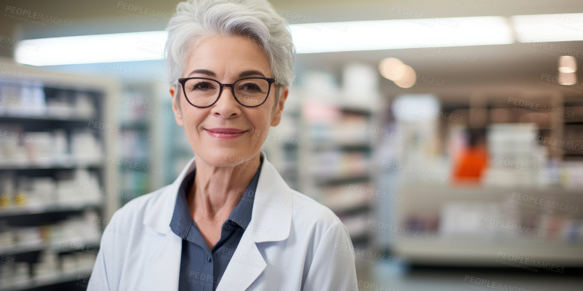 Buy stock photo Portrait, mature female and pharmacist in store for healthcare, medicine and medical service. Confident, smile or friendly senior woman in a pharmacy for medication, health or professional occupation