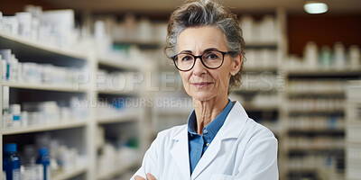 Portrait, mature female and pharmacist in store for healthcare, medicine and medical service. Confident, smile or friendly senior woman in a pharmacy for medication, health or professional occupation