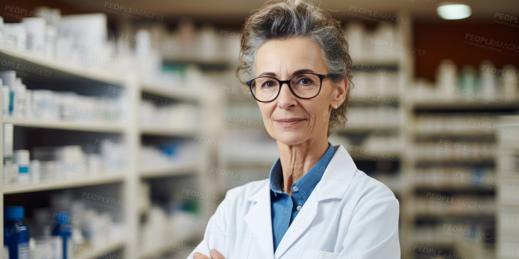 Buy stock photo Portrait, mature female and pharmacist in store for healthcare, medicine and medical service. Confident, smile or friendly senior woman in a pharmacy for medication, health or professional occupation