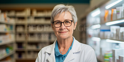Portrait, mature female and pharmacist in store for healthcare, medicine and medical service. Confident, smile or friendly senior woman in a pharmacy for medication, health or professional occupation