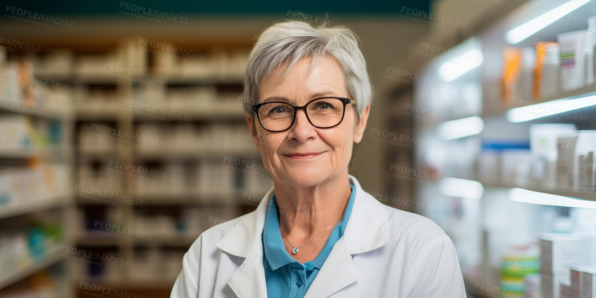 Buy stock photo Portrait, mature female and pharmacist in store for healthcare, medicine and medical service. Confident, smile or friendly senior woman in a pharmacy for medication, health or professional occupation