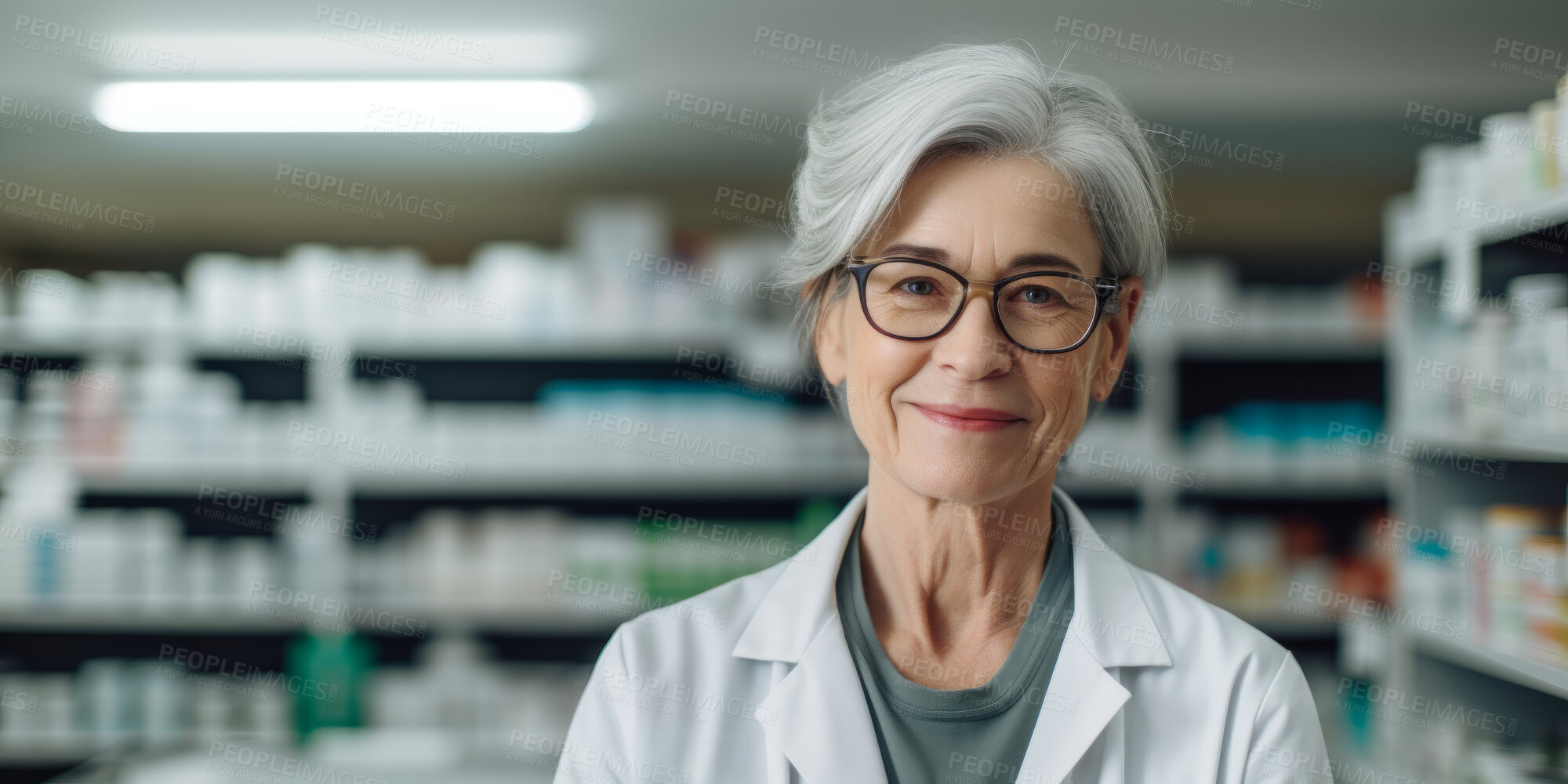 Buy stock photo Portrait, mature female and pharmacist in store for healthcare, medicine and medical service. Confident, smile or friendly senior woman in a pharmacy for medication, health or professional occupation