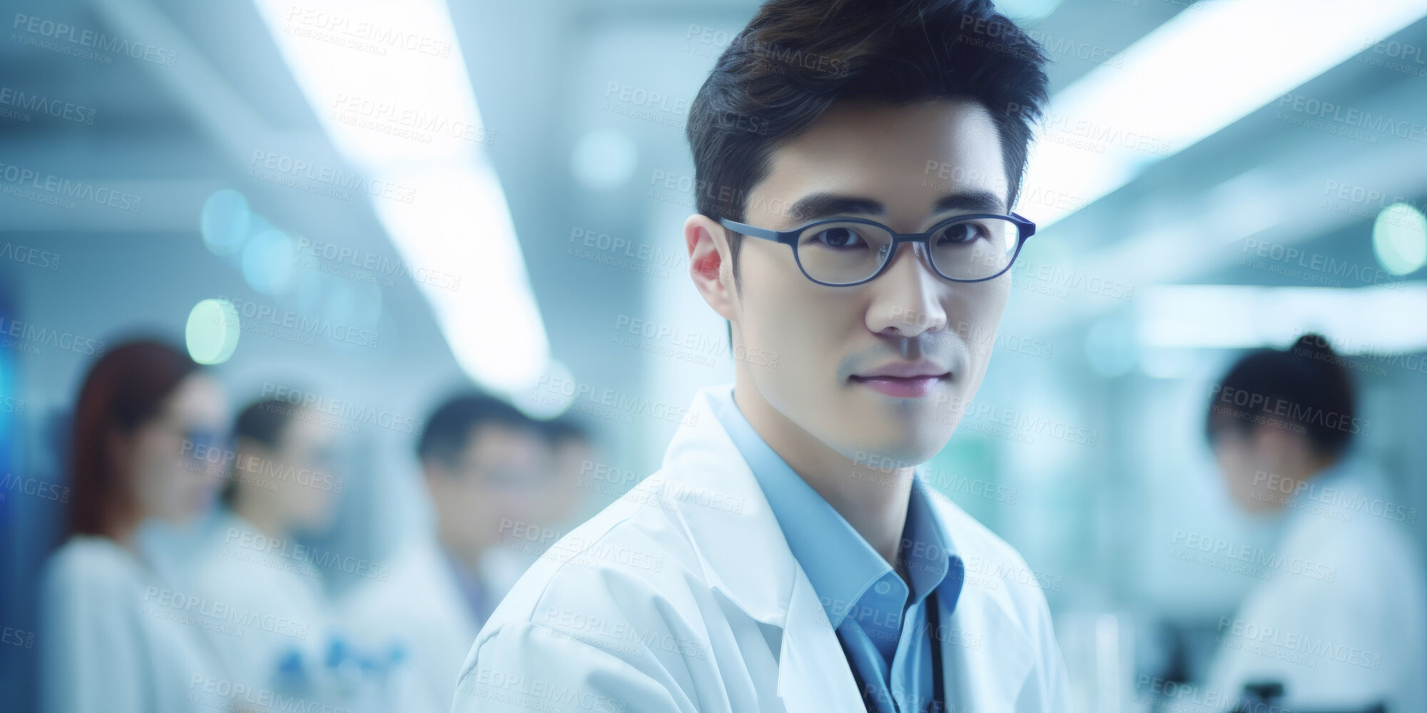 Buy stock photo Portrait, scientist or asian male professional working in a laboratory for medical science research, biotechnology or chemistry. Confident, student or young man wearing a lab coat for science
